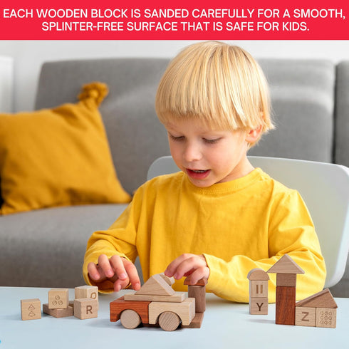 MOMOARI Set 86 6 3 Alphabet Number Early Math Wooden Building Blocks - Blocks in Shapes with Wooden Storage Tray.