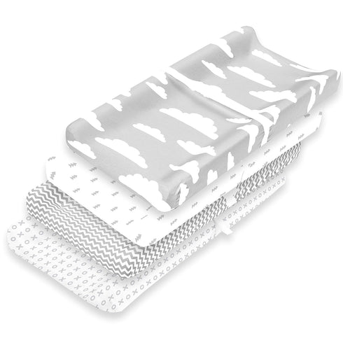 Premium Baby Changing Pad Covers 4 Pack - Pure Cotton Machine Washable Grey and White Changing Table Cover