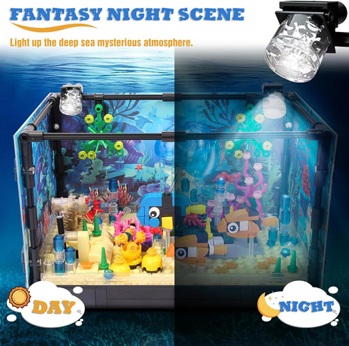 Fish Tank Building Block, Lighting Aquarium Building Sets for Adults and Kids, Ocean Jellyfish, Dolphin, Turtle, Crab,