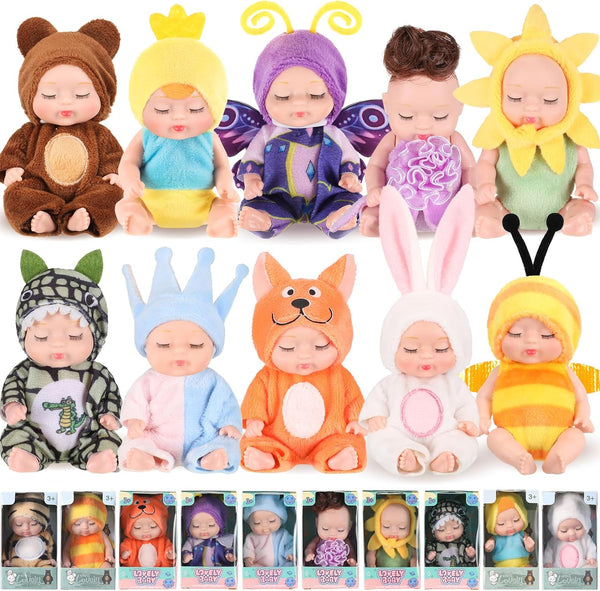 Hanaive 10 Pcs 4 Inch Mini Baby Dolls, Lifelike Realistic Tiny Babies with Animal Clothes, Cute Baby Doll Gifts Set