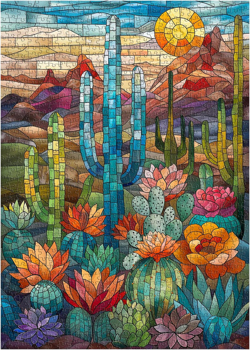 Cactus Puzzles for Adults 1000 Pieces and up, PICKFORU Stained Glass Puzzle Including Mosaic Art Cactus, Colorful Succulent Puzzles for Plant Lovers