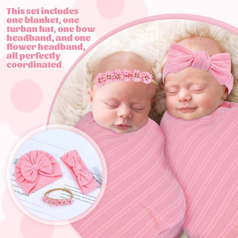4pcs Cinaci Pink Soft Nursery Newborn Baby Receiving Swaddle Blanket with Matching Turban Hat Bow Headbands Floral