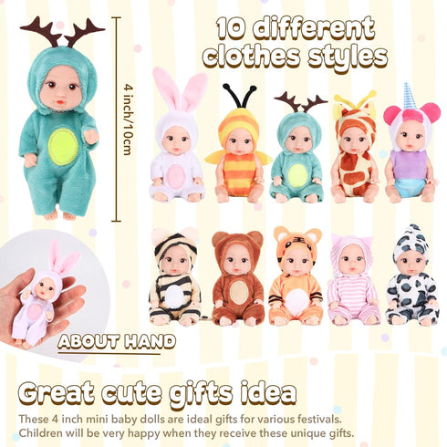 Vueos 10 4 Inch Playset Set 3+ Pcs Mini Baby Dolls Lifelike Realistic Baby Dolls with Handmade Animal Clothes Cute