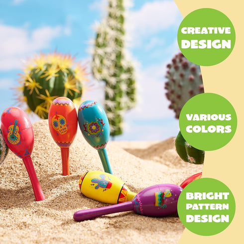 JOYIN 9 Pcs Fiesta Wooden Maracas - 9 Designs Noisemaker for Cinco De Mayo Party Favors and Mexican Decorations