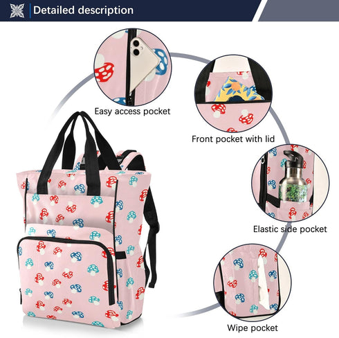 Burbuja Backpack Cute Mushrooms Diaper Bag for Women Men, Large Travel Diaper Bag Tote with Stroller Straps & Insulated