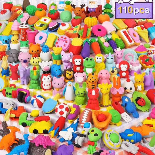 Arscniek 110 Pack Animal Erasers for Kids, Cute Desk Pets Treasure Box Toys for Classroom Prizes, Mini Pencil Erasers