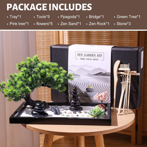 Set Zen Garden Kit for Desk Decor - Premium Beautiful Japanese Mini Sand Box Home, Office with Black Wooden Tray, White