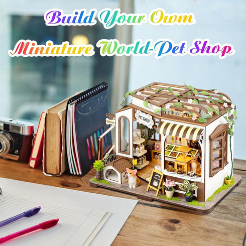 DIY Miniature House Kit, Tiny Pet Shop with Furniture & LED, 3D Dollhouse Building Kit for Adults and Teens