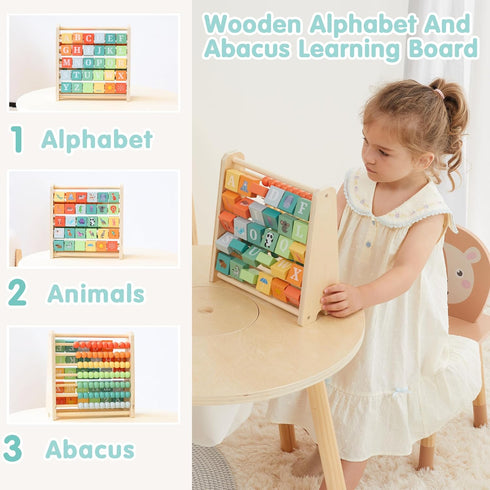 18M+, FReniland Wooden Activity Cube - Double-Sided Abacus & Alphabet Flip Tiles for Toddlers Educational Learning Toy