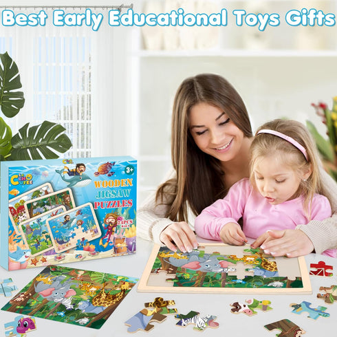 3 4 5 4 Pack 24 Wooden Animals Puzzles for Kids Age Year Old, Pcs Montessori Toddler Jigsaw Puzzles for Girl boy