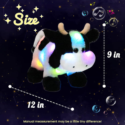 12'' Hopearl LED Musical Stuffed Cow Lighting Up Singing Plush Toy Adjustable Volume Lullaby Animated Soothe Birthday