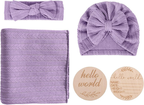 BQUBO Baby Swaddle Blankets for Girls, 4PCS Newborn Accessories Set with Matching Hat and Bow Headband