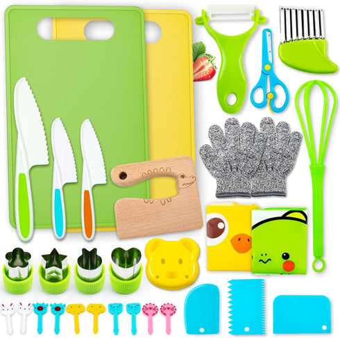 Labeol 32 PCS Montessori Kitchen Tools for Toddlers - Safe Kitchen Knife Set for Real Cooking, Educational Gift
