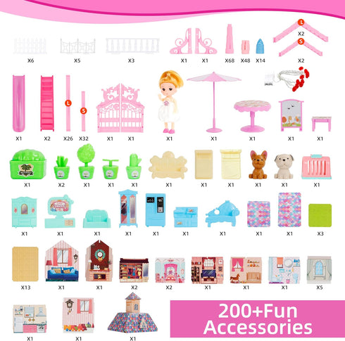 Doll House for Girls, 11 Rooms Dollhouse with Dolls, Puppies, Furniture, LED Light, Toddler Playhouse Gift