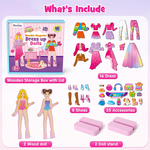 3 4 5 6 7 8 Mocoosy Wooden Magnetic Dress Up Dolls for Girls Pretend Play, Magnet Dolls with Storage Case, Travel Game