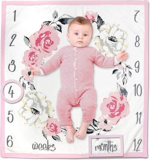 Baby Weekly, Monthly Milestone Blanket for Boys & Girls with Month & Week Markers for Swaddling & Photo Props