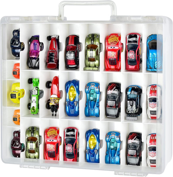 FULLCASE Toys Organizer Storage for Hot Wheels Cars, Double-Sided Carrying Box with 48 Compartments, White