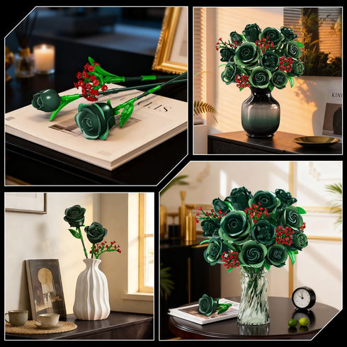 Set 16 523PCS PLAXSOON Flowers Bouquet Building with Lights, Mother's Day Green Roses Botanical Collection Building