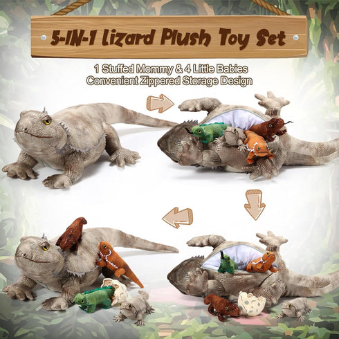 Lenwen 5 Pieces Bearded Dragon Lizard Plush Toy Set, 26 Inch Bearded Dragon Stuffed Animal with 4 Plush Baby Lizards