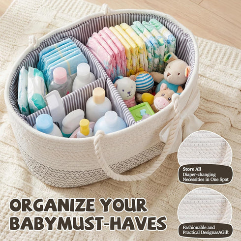 Zopeal Diaper Caddy Organizer Large Cotton Rope Baby Basket with Removable Divider Portable Nursery Storage for Diapers