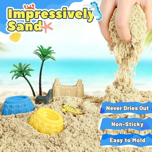 2.2lbs Sand,12 3 4 5 6 7 FRUSE Ocean Sensory Bin,Play Sand Art Kit with Play Sea Animal Toys,Sand Molds,Role Play Beach