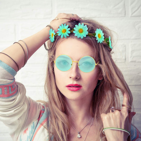 Bememo 20 Pieces Hippie Headband Glasses Costume Set, Includes 10 Pieces Multicolor Daisy Flower Crown and 10 Pieces