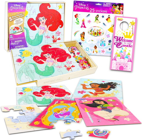 Princess Wooden Puzzle 5 Pack - 24 Piece Bundle with Holding Tray and Stickers for Kids