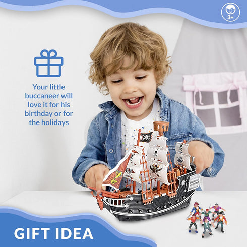 HOWBOUTDIS Playset 10 inch 2 inch 3yrs+ Pirate - Pirate Ship with Pirate Figurines - Hours of Imaginative Play- Makes a