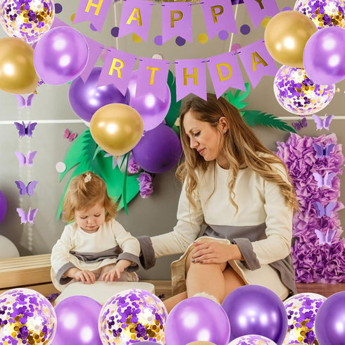 Ouddy Party Purple Birthday Decorations for Women Girls, Butterfly Hanging Garland, Happy Birthday Banner, Purple Gold