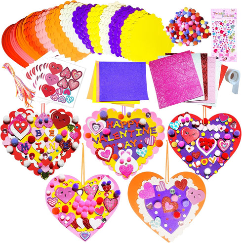 MLOLM 24 Sets Valentines Hearts Foam Craft Kits, DIY Heart Ornaments with Foam Hearts Stickers for Valentine Activity