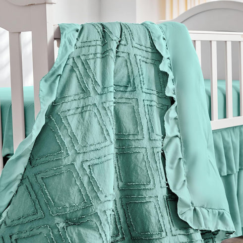 Set 3 Tufted Ruffle Crib Bedding Pieces Baby Girls Boys Boho Quilted Comforter with Fitted Sheet and Bed Skirt - Cute