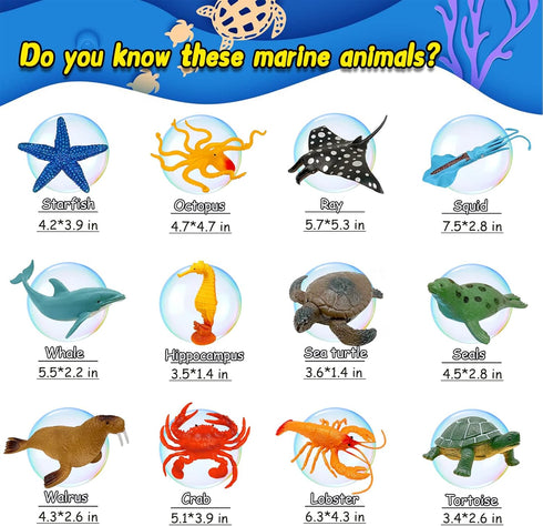 Ocean Sea Animal Figures - 12 Pack Realistic Soft Plastic Bath Toys for Toddlers, Kids, Boys, and Girls
