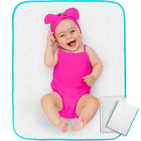 Baby Diaper Changing Mat - Waterproof Portable Travel Pad 31.5 x 25.5 inch for Newborn Toddlers Kids (White w/Turquoise)