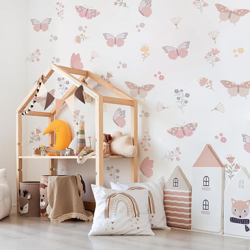 Butterfly Flower Wall Decals,Butterfly Floral Art Wall Sticker Decors,Peel and Stick Butterflies Decals for Kids