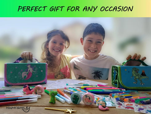 NUMI'SMILE Dinosaur Pencil Case with Fruit Scented Markers Art Set, Gifts for Boys Ages 3-9, Dino Coloring Supplies