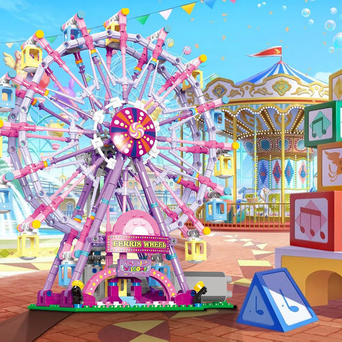 Ferris Wheel Building Block Set with Fairy Light, Two-Way Rotating Ferris Wheel Building Set, 813 Pieces, Amusement