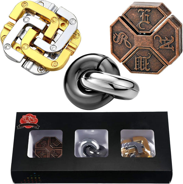 3 Pieces Brain Teaser Metal Puzzle Toy - Handheld 3D Unlock Interlocking Puzzle for Adults and Teens
