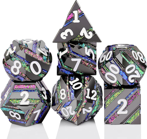 Set DNDND Colorful Stripe Metal Dice, Full Glitter Stripes Metallic DND Dice with Gift Metal Case for Dungeons