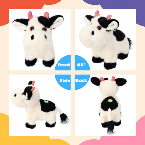 Cuteoy Walking Black Cow Stuffed Animal Speaking Moo Plush Cattle Electric Interactive Animated Plushies Toy for Girls