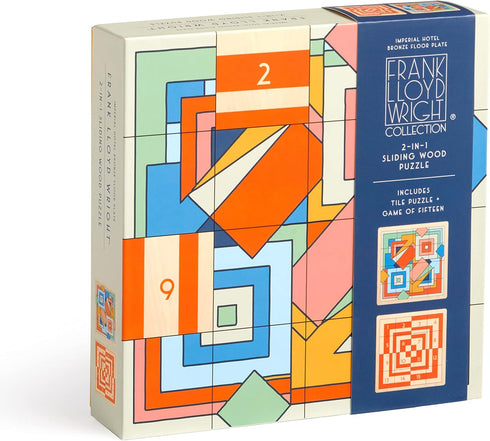 Galison Frank Lloyd Wright Imperial Hotel – 2 in 1 Sliding Wood Tile Puzzle Featuring Iconic Wright Bronze Floor Plate Design and Challenging Numbers Puzzle