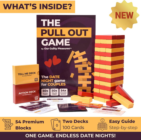 100 50 50 Our Guilty Pleasures The Pull Out Game - Flirty Date Night Game for Couples, Romantic Block Tower with Cards