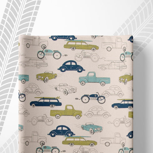 Glenna Jean Cotton Baby Diaper Changing Pad Cover Cars Trucks Motorcycles Racing Automobiles Boys Girls Nursery Blue