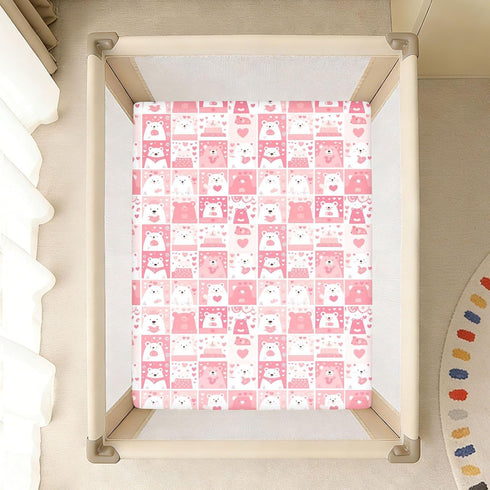 miaozhen 1 Pack 52x28 Cotton Baby Crib Sheets Soft Breathable Bear White and Peach Playard Mattress Sheets for Nursery