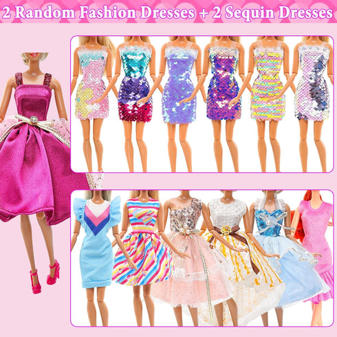 15 Set Doll Clothes for 11.5 Inch Dolls, 2 Sequins Dresses & 6 Outfits, Tops, Pants/Shorts/Skirts