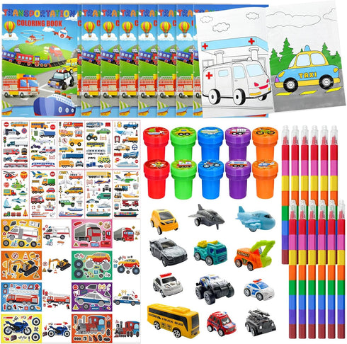 Cinrobiye 72 Pcs Transportation Party Favors Set, Vehicle Car Coloring Books Crayons