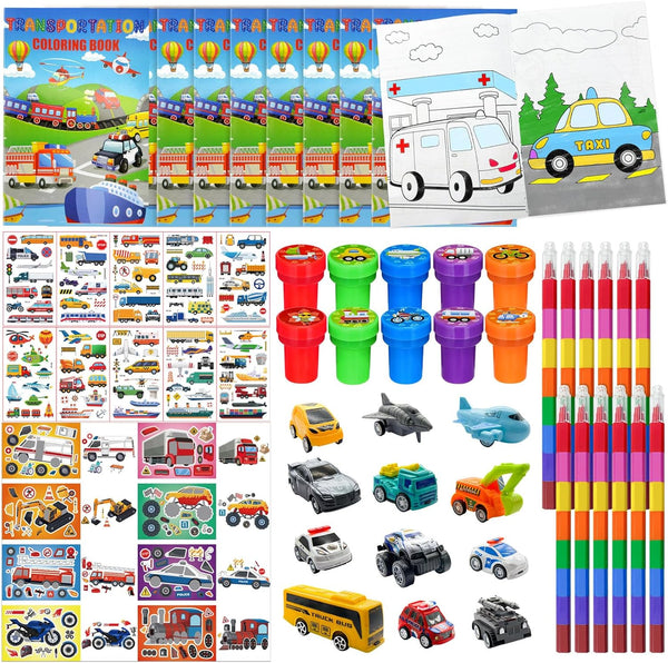 Cinrobiye 72 Pcs Transportation Party Favors Set, Vehicle Car Coloring Books Crayons