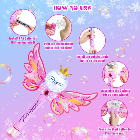 Princess Magic Bubble Wand Blower for Kids, Musical & Light Up Automatic Bubble Machine, Outdoor Toy for Girls (Pink)