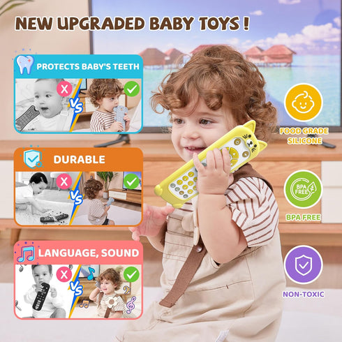 3 50+ 6-18 FLAMDYNO Baby Remote Control Toy with Cat Silicone Teether Cover - Language Learning Toy
