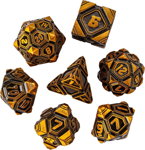 Metal UFO Dice Set: 7 Die Metal Polyhedral Dice for DND Role Playing Games with Skull Bag (Ancient Gold)