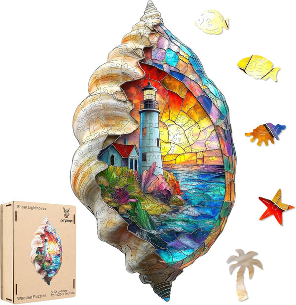 Ixfyloop Lighthouse Wooden Puzzles for Adults, Seashell Jigsaw Puzzles 500 Pieces, Unique